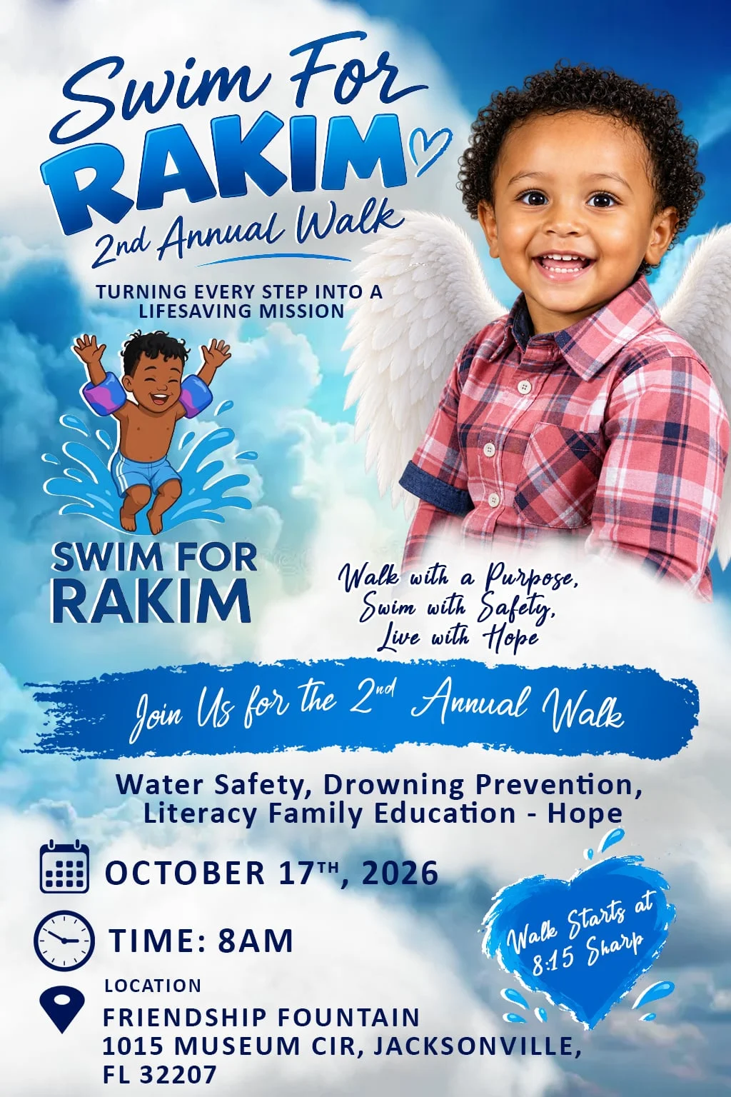Swim for Rakim 2nd Annual Walk — Saturday, October 17, 2026, 8 AM, Friendship Fountain, 1015 Museum Cir, Jacksonville, FL 32207. Walk starts at 8:15 sharp.